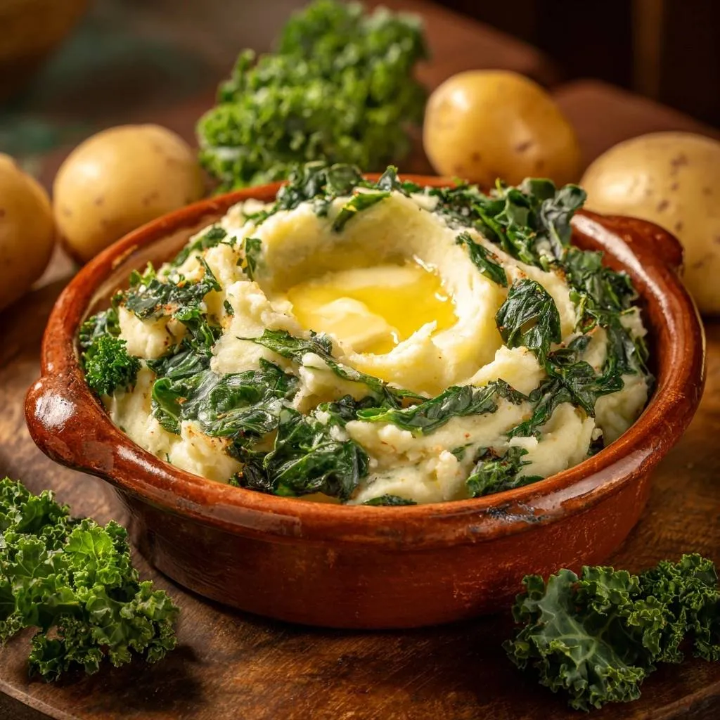 Creamy kale mashed potatoes with a generous pool of melted butter in the center, a rustic dish.