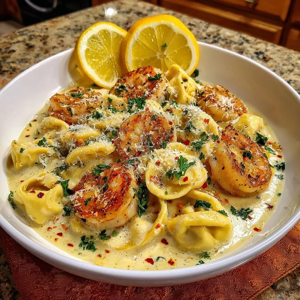 Creamy lemon shrimp tortellini served in a white bowl, garnished with cheese and parsley, with lemon slices on top.