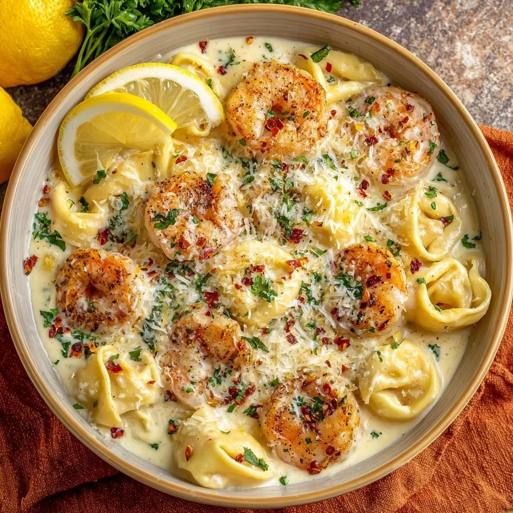 Creamy lemon shrimp tortellini served in a bowl, garnished with lemon slices and parsley.