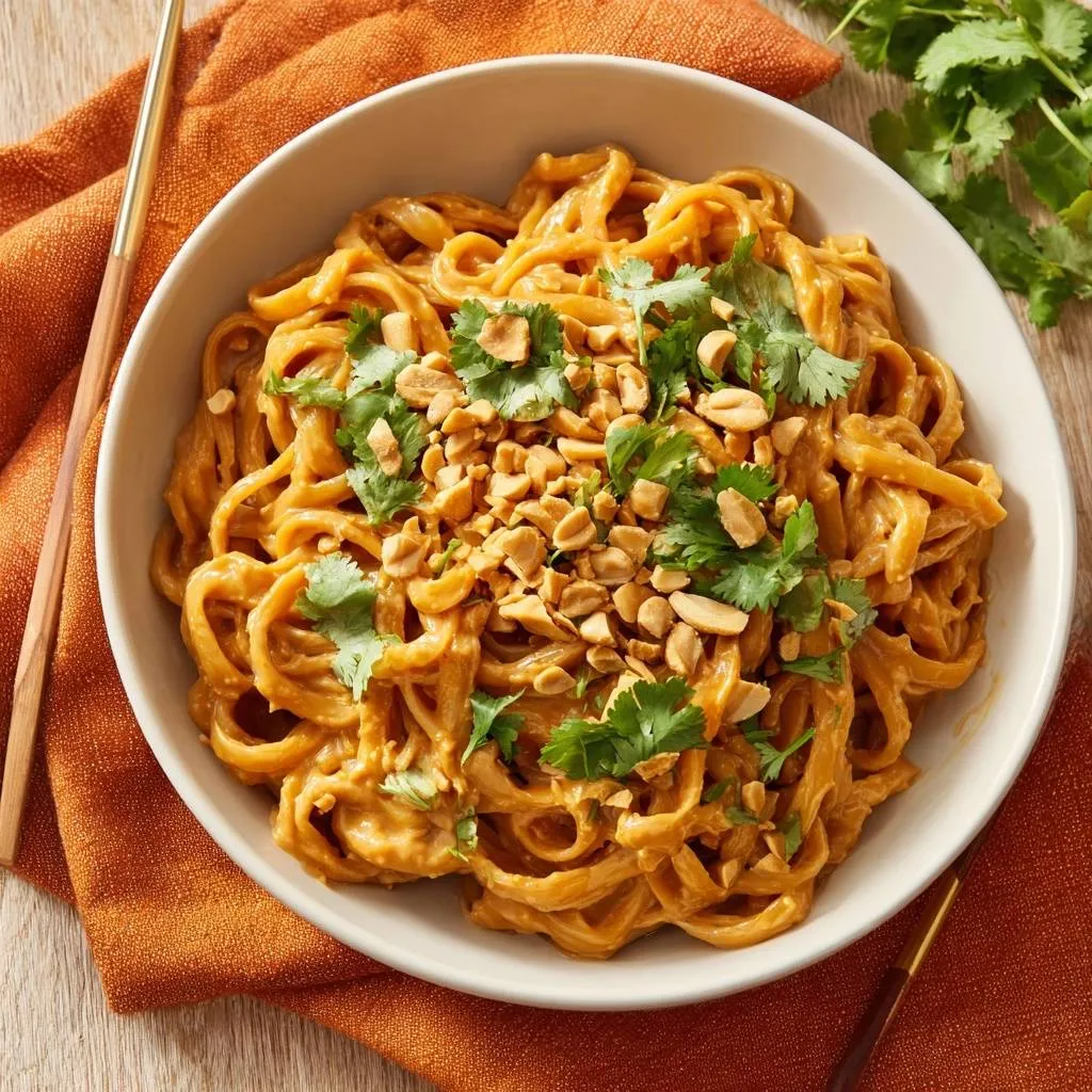 Creamy peanut noodles with a silky emulsified sauce, generously garnished with chopped peanuts and fresh cilantro.