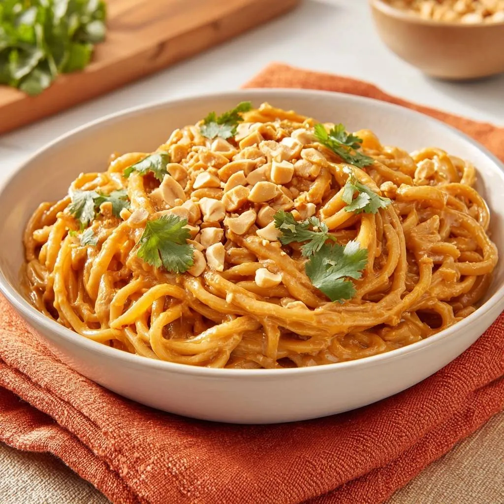 Creamy peanut noodles with a silky emulsified sauce, generously garnished with chopped peanuts and fresh cilantro.