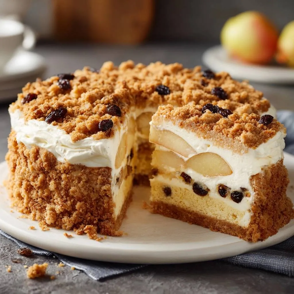 Creamy pear streusel cake with crunchy topping shown in a close-up cross-section revealing layers of pear and streusel.