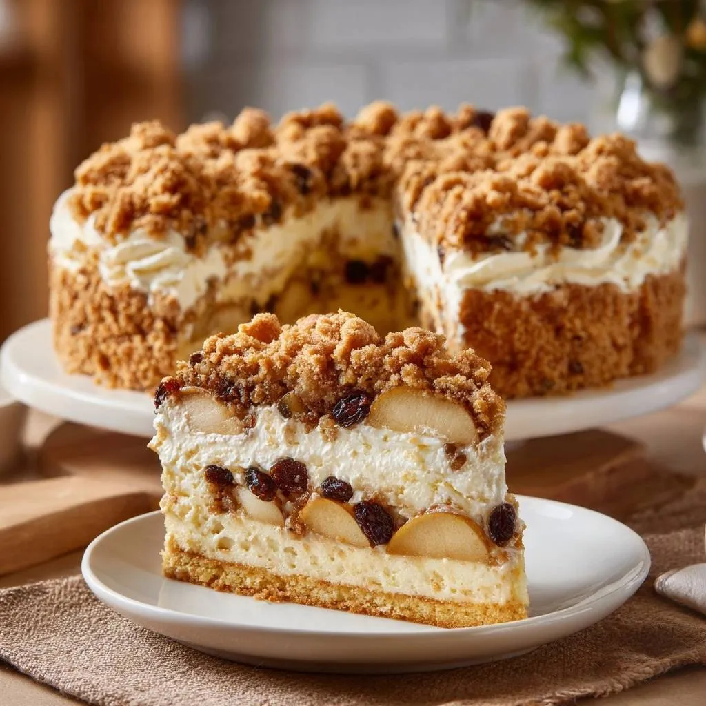 Creamy pear streusel cake shown as a detailed cross-section slice on a white plate, revealing layers of fruit and streusel.