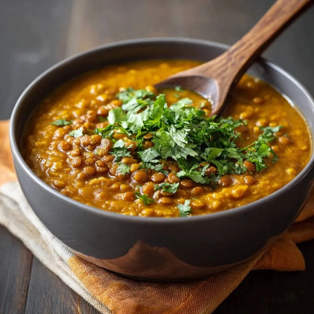 Creamy red lentil dal garnished with fresh cilantro, served in a rustic bowl with a wooden spoon.