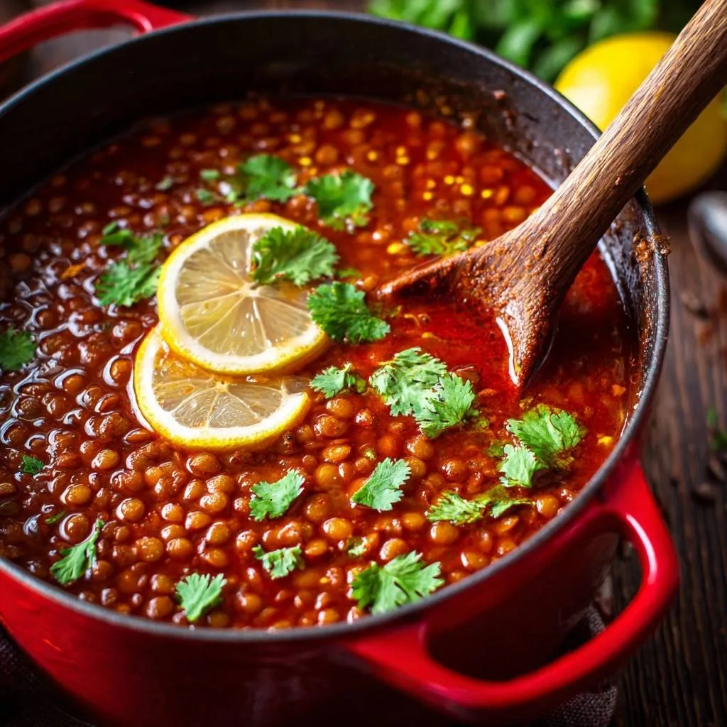 Creamy red lentil dal with lemon slices and cilantro garnish in a red pot, showcasing its thick texture.