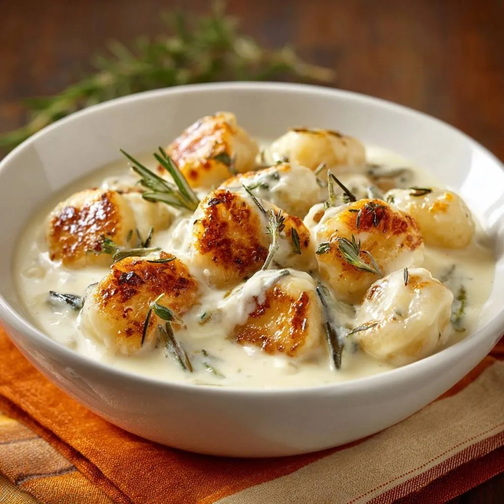 Creamy rosemary gnocchi with crispy pillowy texture shown in a white bowl with a creamy sauce and fresh herbs.