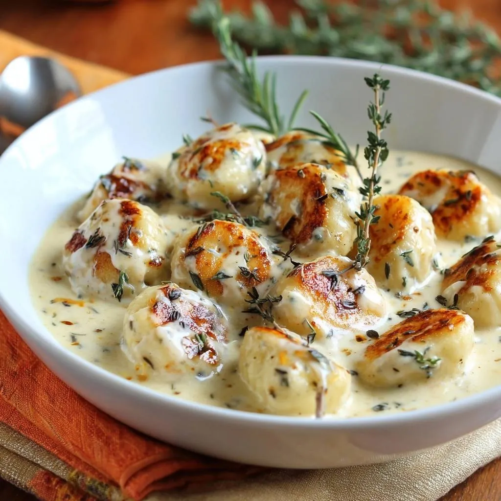 Creamy rosemary gnocchi with a rich sauce and fresh herb garnish shown in a close-up detail shot.