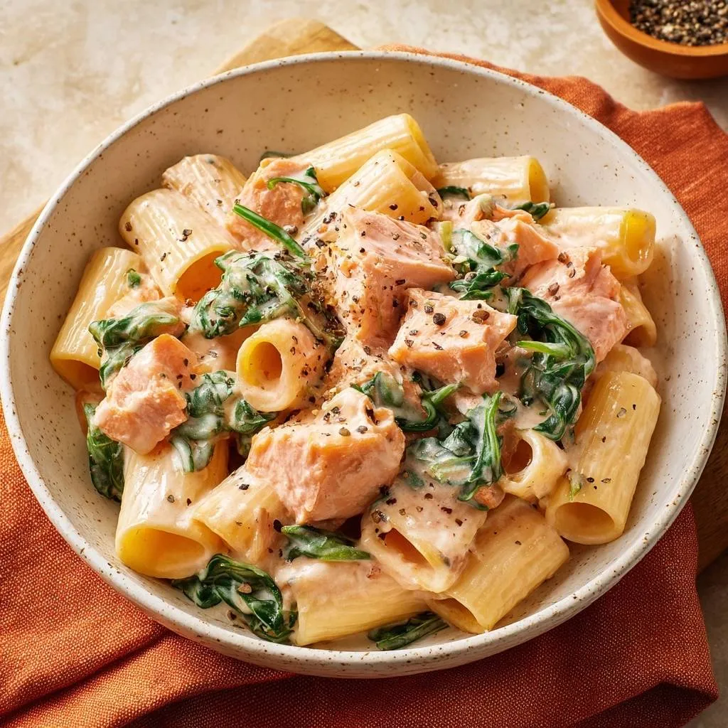 Creamy salmon spinach rigatoni served in a speckled bowl, showcasing the rich sauce and pasta texture.
