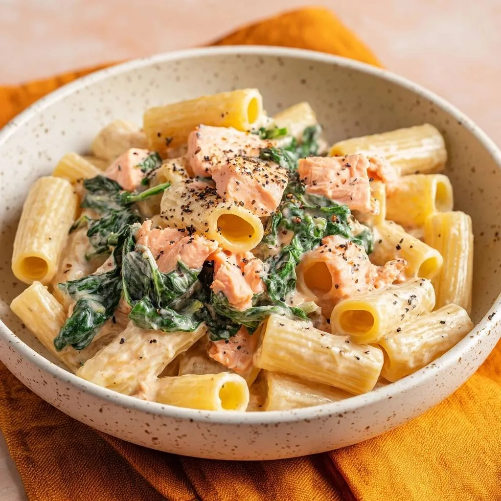 Creamy salmon spinach rigatoni served in a rustic bowl, showcasing tender pasta, flaky salmon, and wilted spinach in a rich sauce.