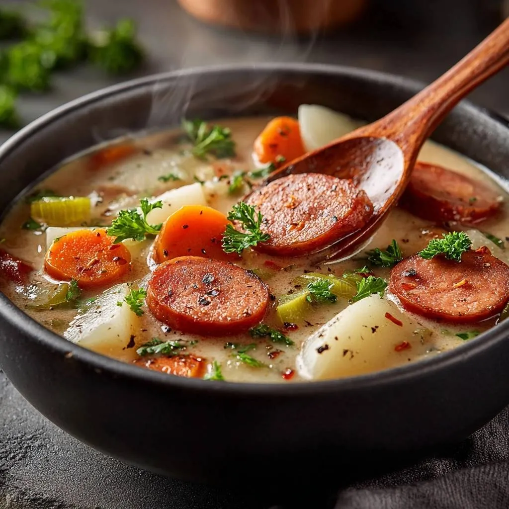 Creamy sausage potato soup with a spoonful showing sliced sausage, potatoes, and carrots, garnished with parsley.