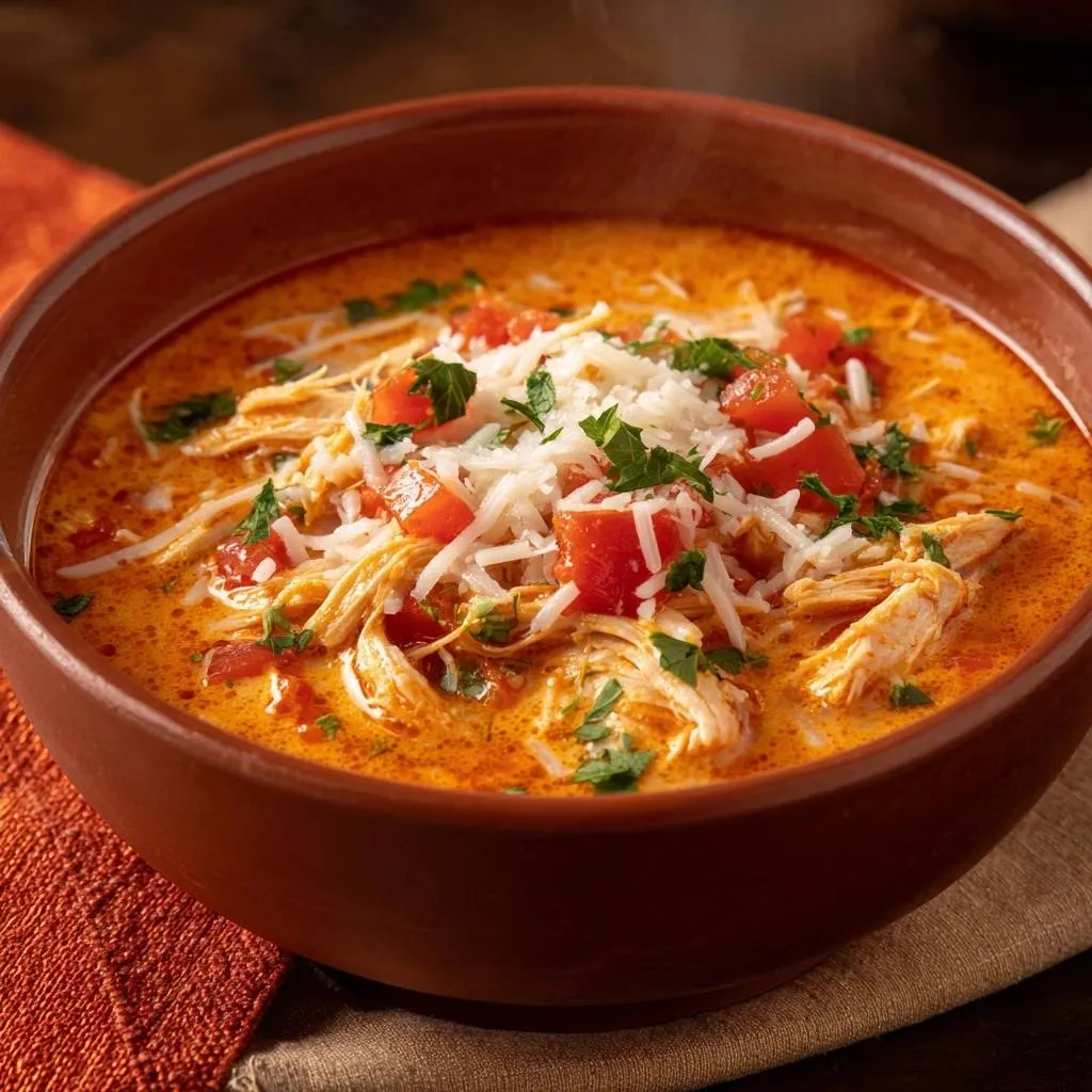 Creamy shredded chicken tomato soup with a generous topping of shredded cheese, diced tomatoes, and fresh parsley.