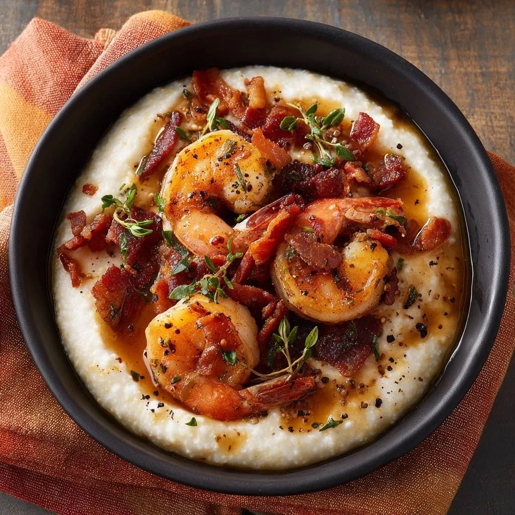 Creamy shrimp and grits served in a black bowl, topped with bacon and herbs.