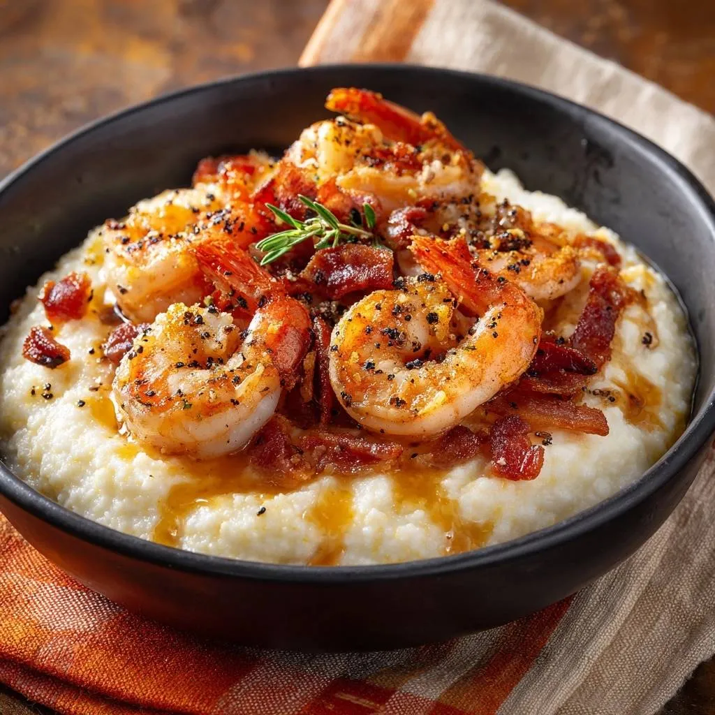 Creamy shrimp and grits with a close-up view of plump shrimp and crispy bacon pieces scattered on top.
