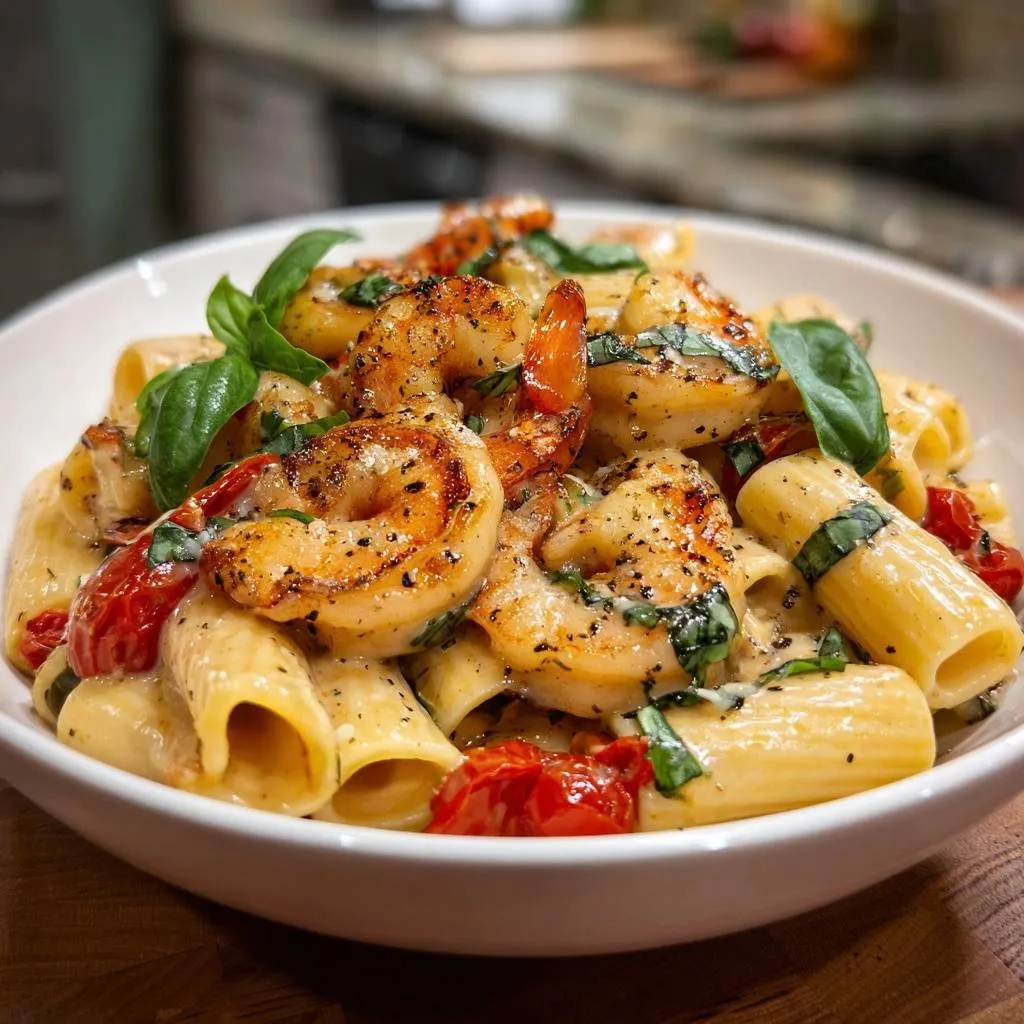 Creamy Shrimp Rigatoni with Burst Tomatoes - recipe image