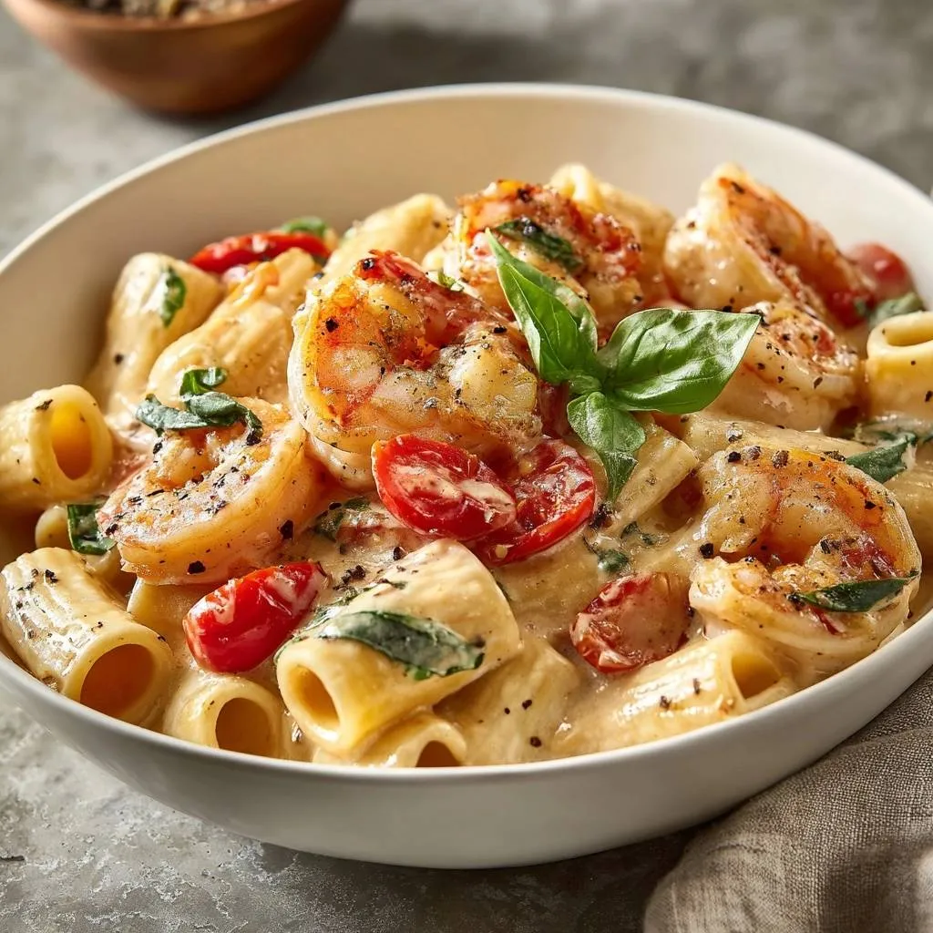 Creamy Shrimp Rigatoni with Burst Tomatoes - recipe image