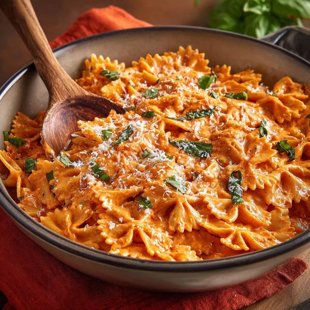Creamy tomato basil farfalle pasta in a bowl, generously garnished with fresh basil and grated cheese.