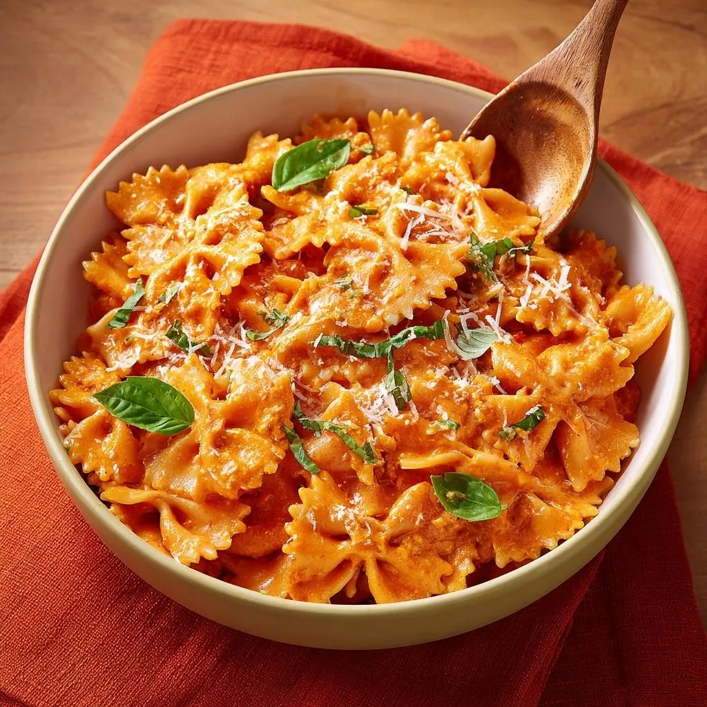 Creamy tomato basil farfalle pasta served in a bowl with a wooden spoon, garnished with fresh basil and Parmesan.
