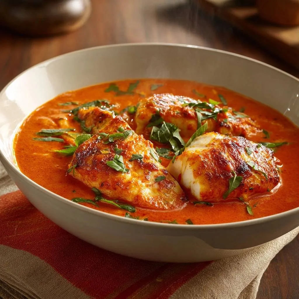 Creamy tomato fish curry featuring flaky fish pieces in a rich, red sauce, served in a bowl.
