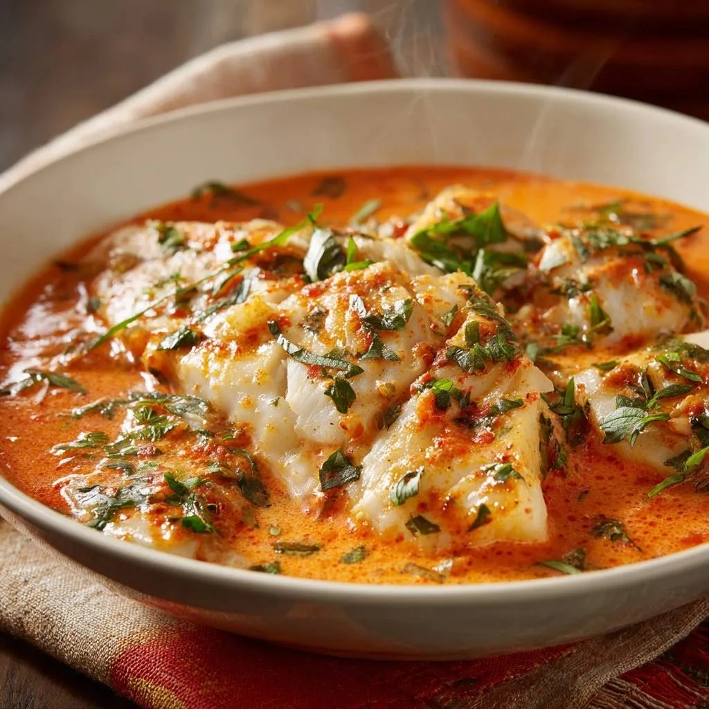 Creamy tomato fish curry features flaky white fish in a rich, vibrant sauce, garnished with fresh herbs and served in a bowl.