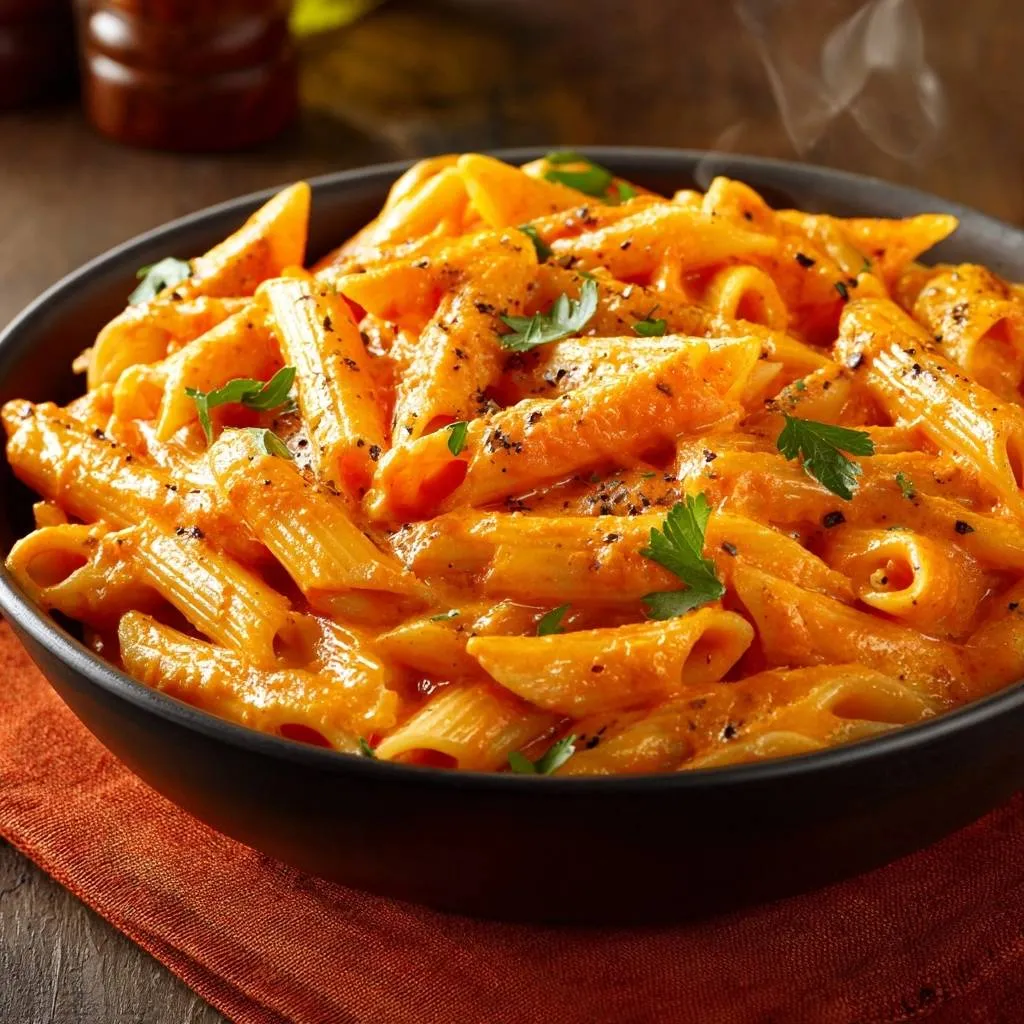 Creamy tomato penne with silky, stable sauce served steaming in a rustic black bowl with fresh parsley garnish.
