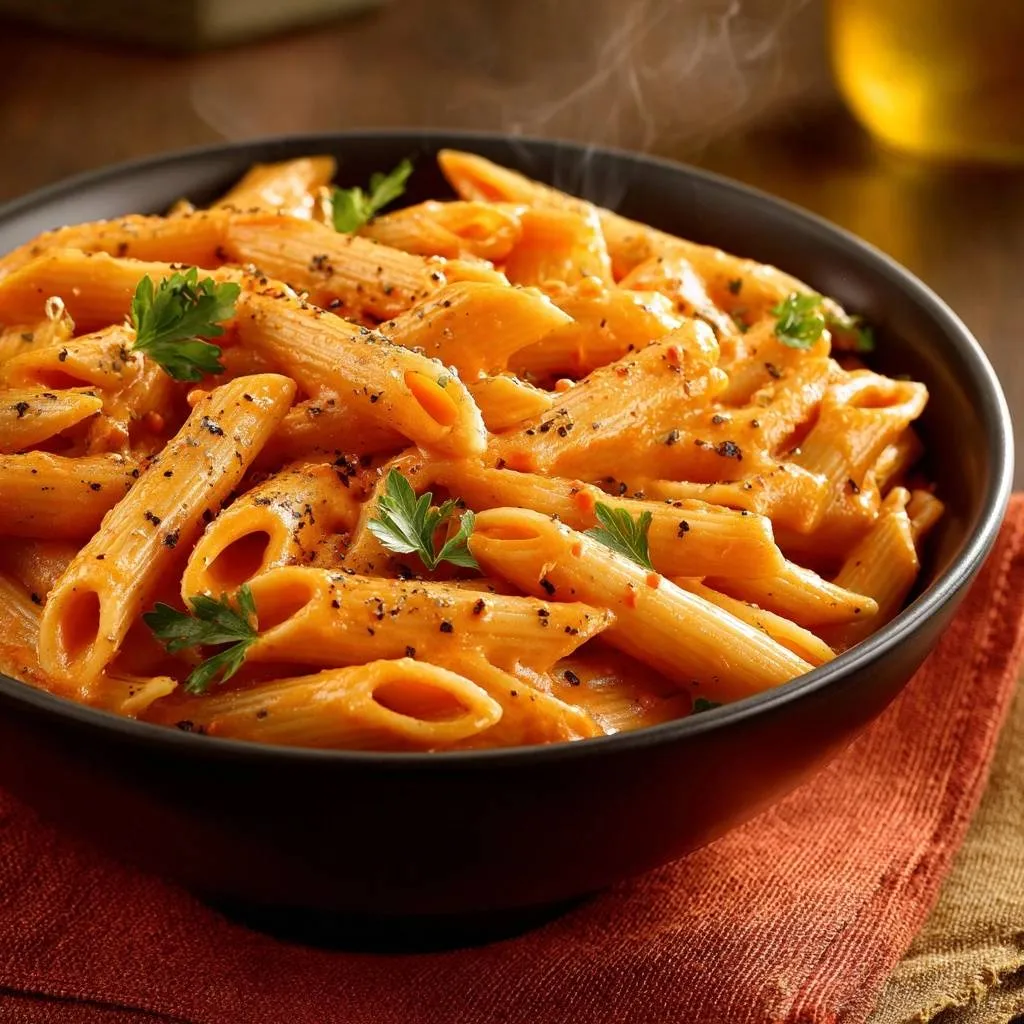 Creamy tomato penne with a silky, stable sauce, steaming gently in a dark bowl and garnished with fresh parsley.