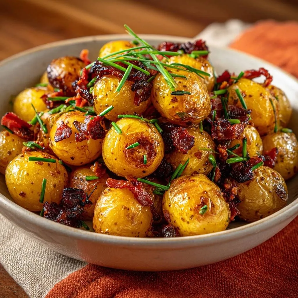 Crispy baby potatoes with bacon and chives served in a bowl, detailed garnish of fresh chives and crispy bacon bits.