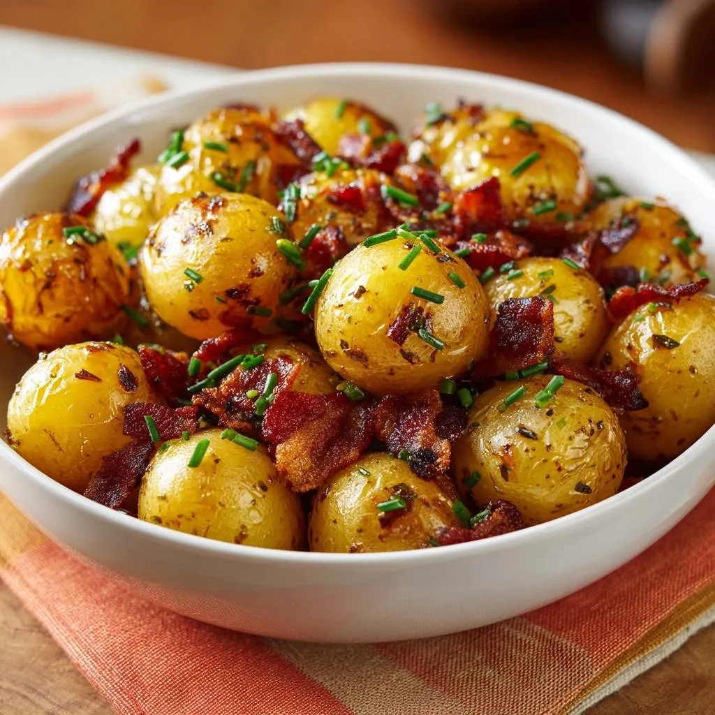 Crispy baby potatoes with bacon and chives served in a white bowl, a close-up view.