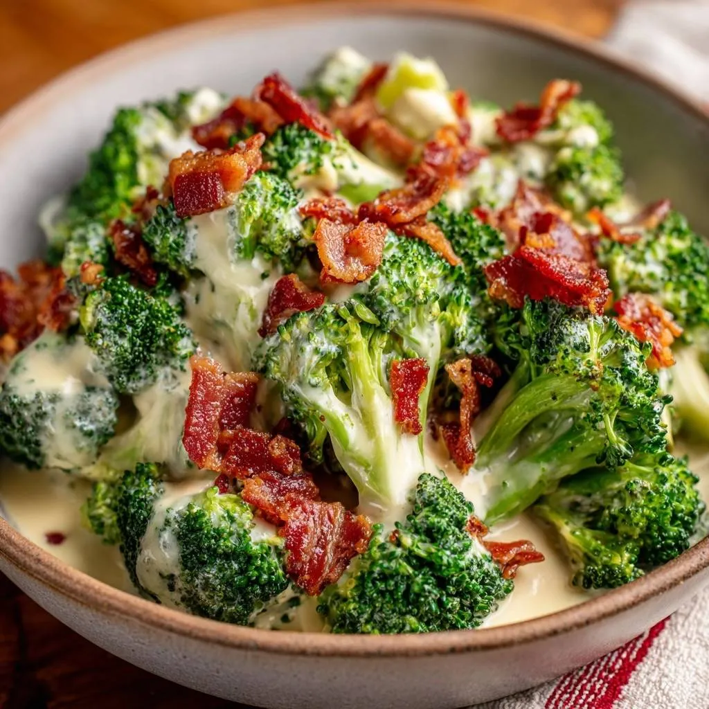 Crispy bacon cheesy broccoli with smooth sauce, a close-up view showcasing the crumbled bacon topping over the creamy dish.