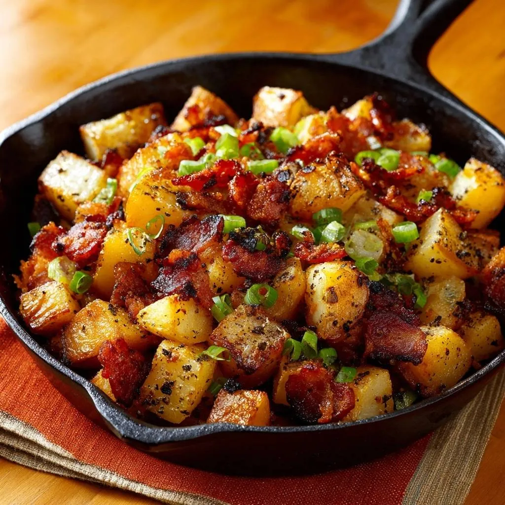Crispy bacon potato skillet in a cast iron pan, garnished with green onions, showcasing a close-up texture.