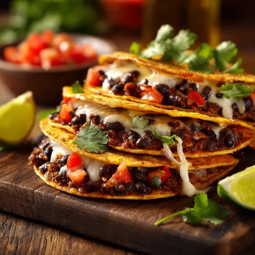 Crispy beef & black bean quesadillas stacked and shown in a close-up view with melted cheese and cilantro.