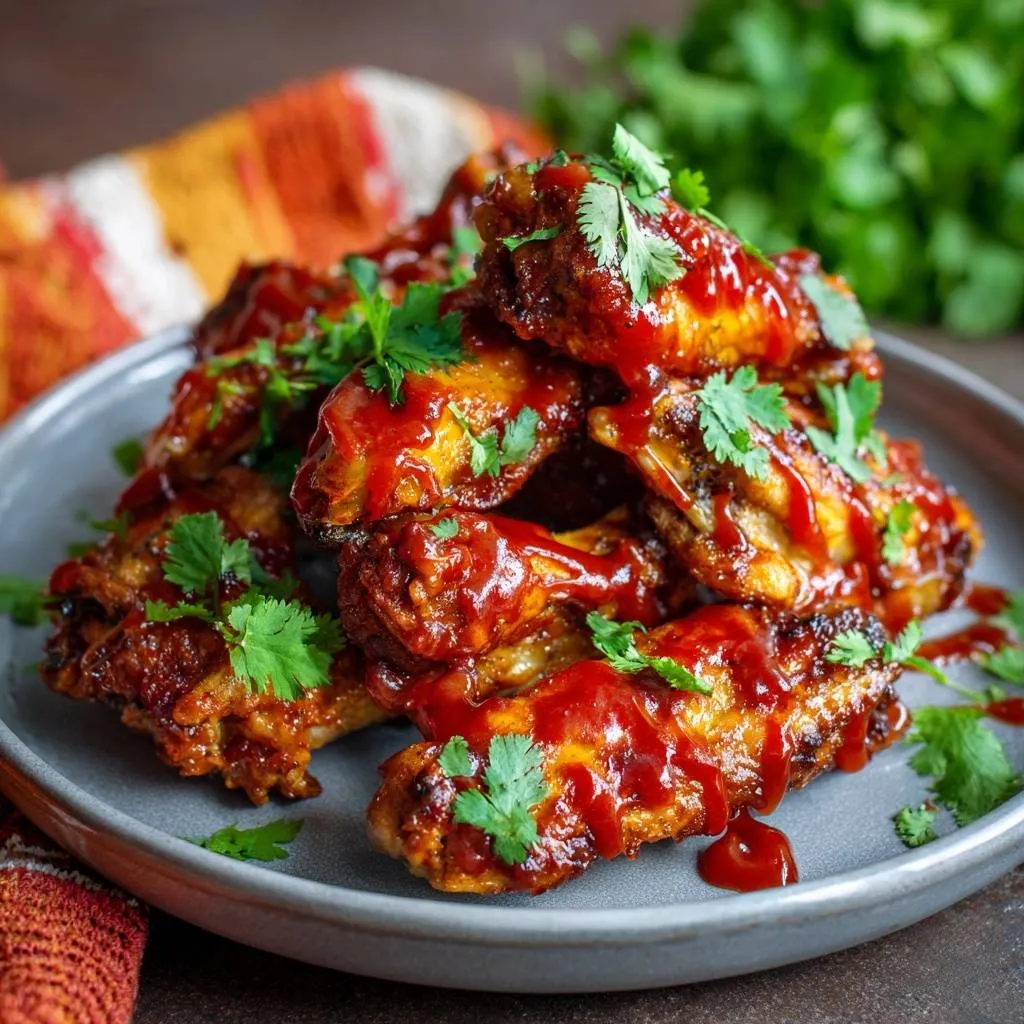Crispy buffalo wings glazed with barbecue sauce and garnished with fresh cilantro, presented on a grey plate.