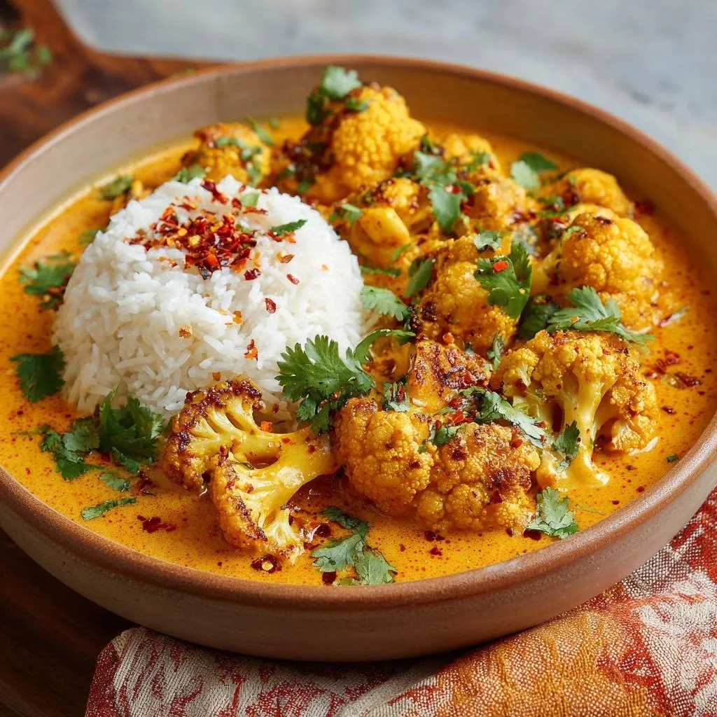Crispy cauliflower curry served in a bowl with rice and garnished with cilantro and chili flakes