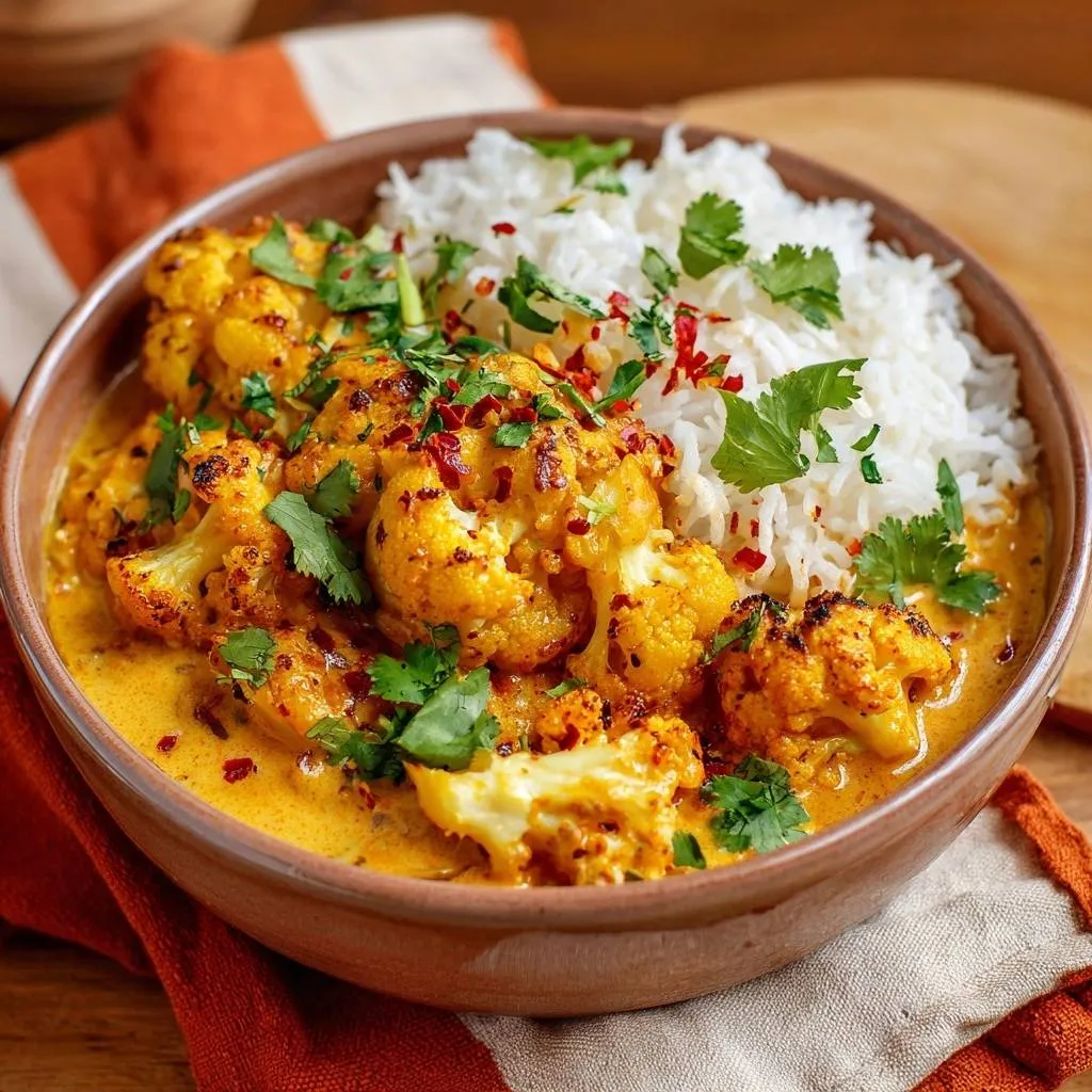 Crispy cauliflower curry in a bowl, served with rice and garnished with fresh cilantro and chili flakes.