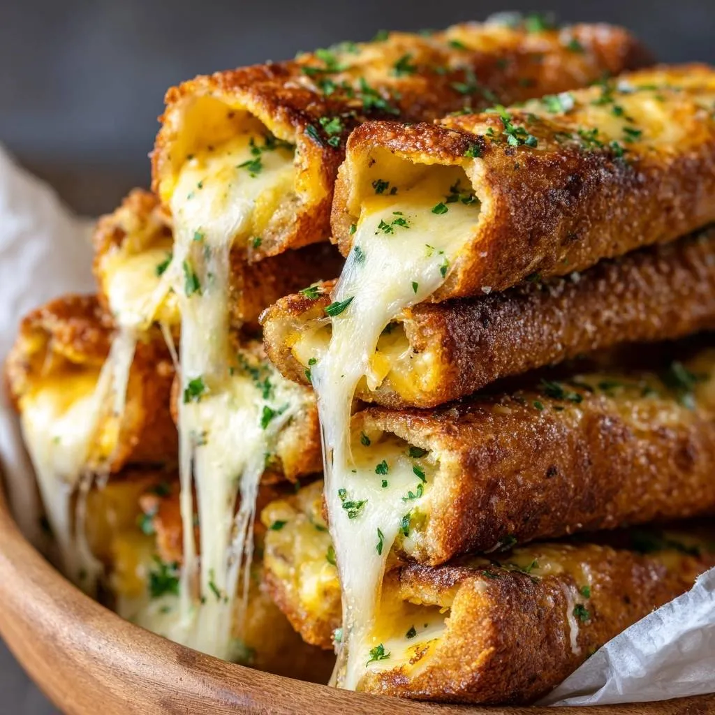 Crispy cheesy bread sticks with gooey cheese pulling out from a cross-section, sprinkled with parsley.