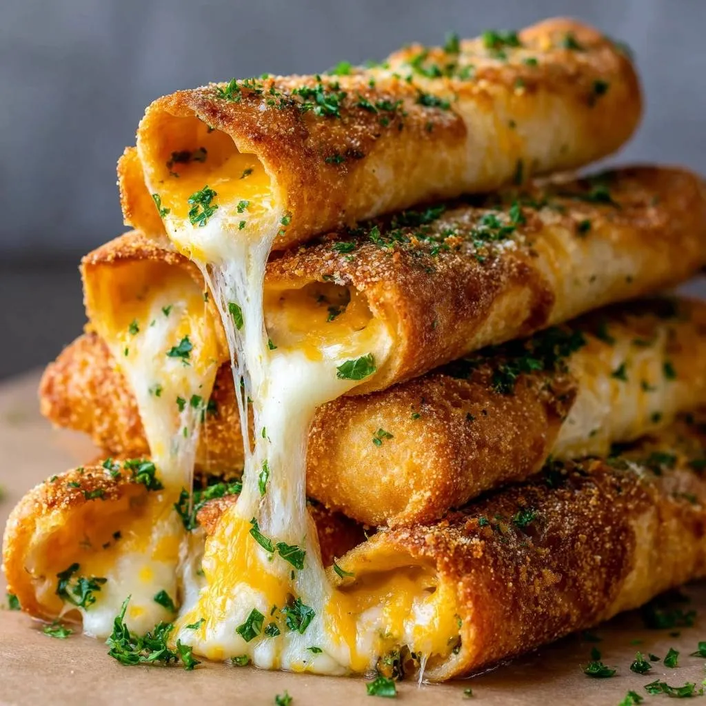 Crispy cheesy bread sticks with melted cheese oozing out, sprinkled with fresh parsley.