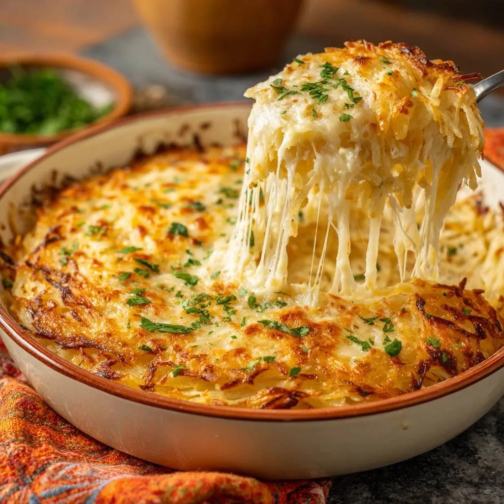 Crispy cheesy hash brown casserole with a dramatic pull of melted cheese being served from the dish.