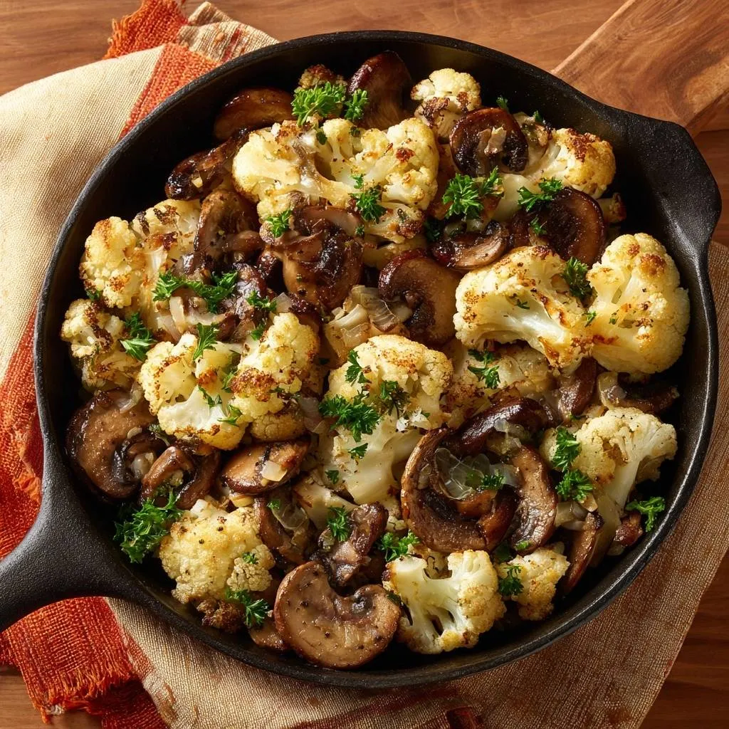 Crispy cheesy whole cauliflower served in a cast iron skillet with sautéed mushrooms and fresh parsley garnish.