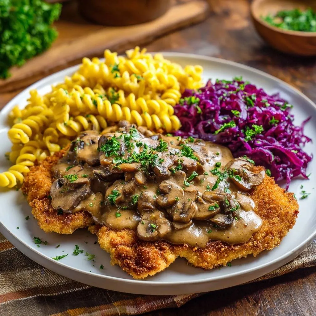 Crispy chicken schnitzel with mushroom gravy served on a plate with fusilli pasta and red cabbage.