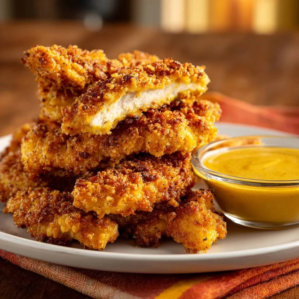 Crispy chicken tenders showing a juicy cross-section, served with a side of dipping sauce.