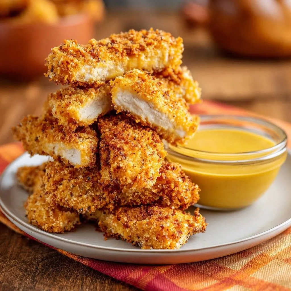 Crispy chicken tenders shown in a cross-section, stacked high and served with a side of dipping sauce.