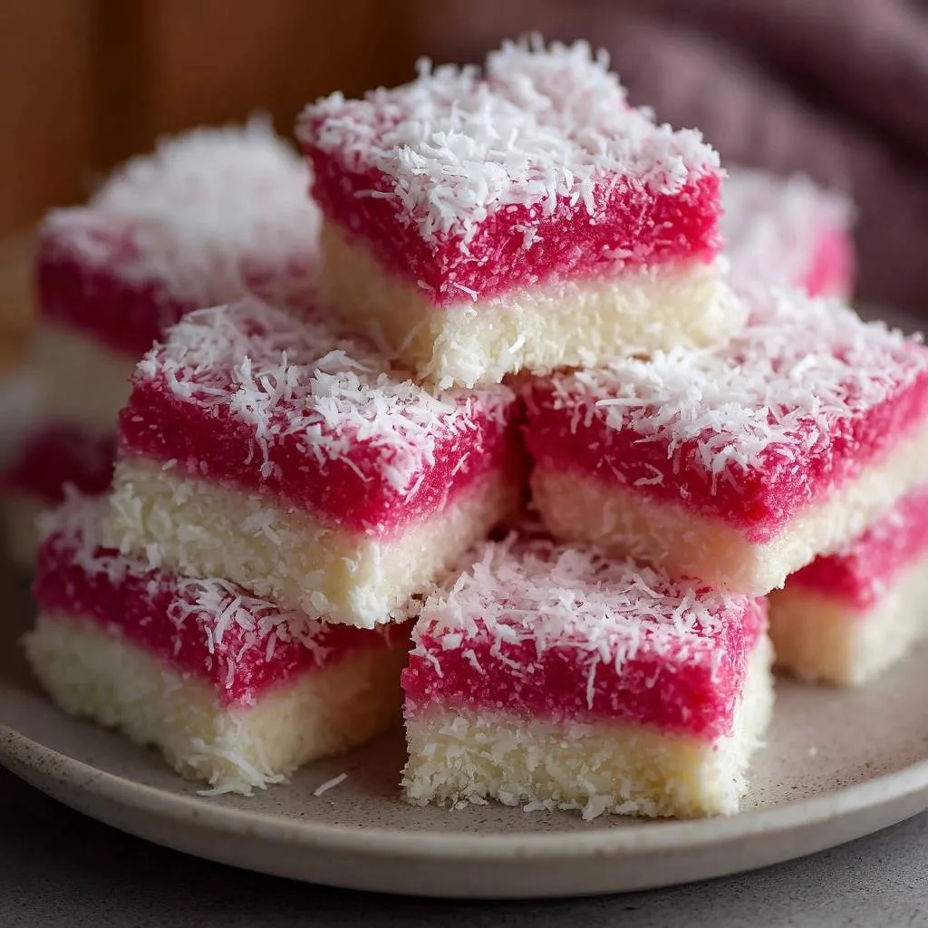Crispy chicken thigh orzo bake presented as stacked squares, topped with shredded coconut and a pink layer.