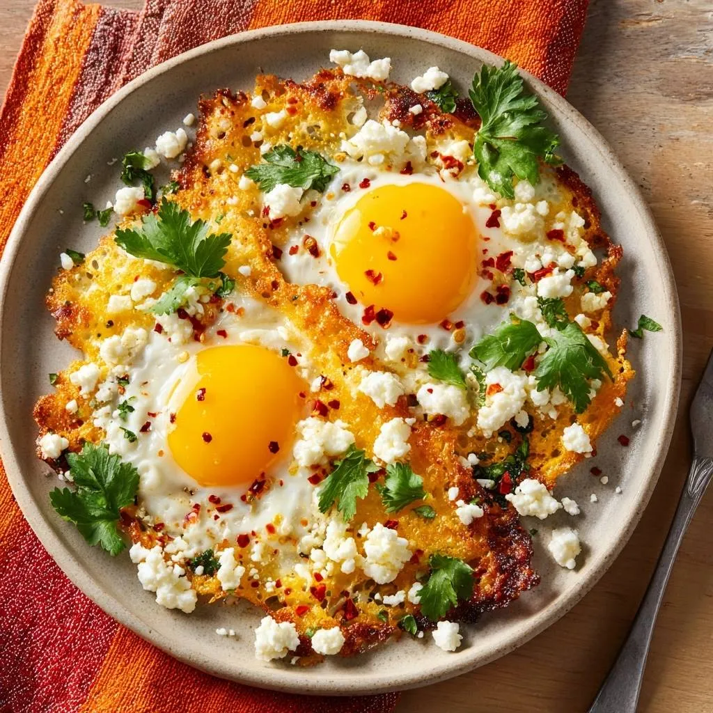 Crispy feta hash browns with sunny eggs plated and garnished with fresh parsley and chili flakes.