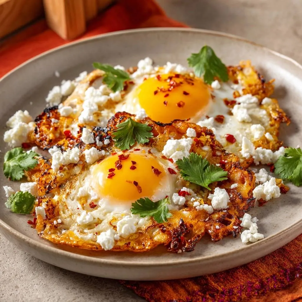 Crispy feta hash browns with sunny eggs plated and garnished with cilantro and chili flakes.