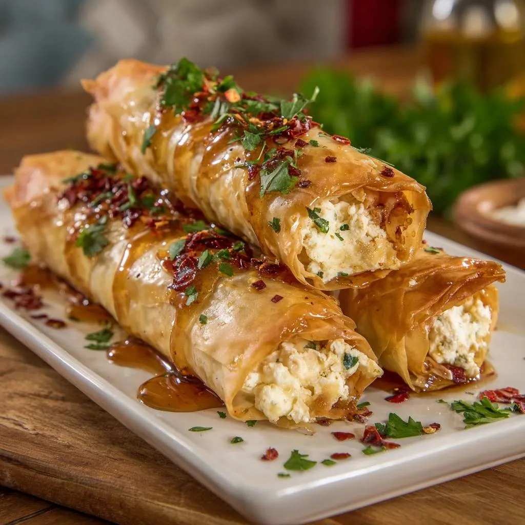 Crispy feta honey phyllo rolls shown in a close-up view, drizzled with honey and garnished with herbs.