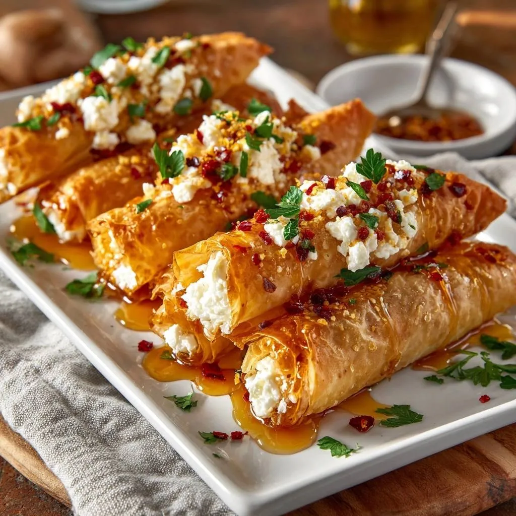 Crispy feta phyllo rolls with honey and pomegranate drizzled, showcasing their golden-brown, flaky texture and creamy filling.