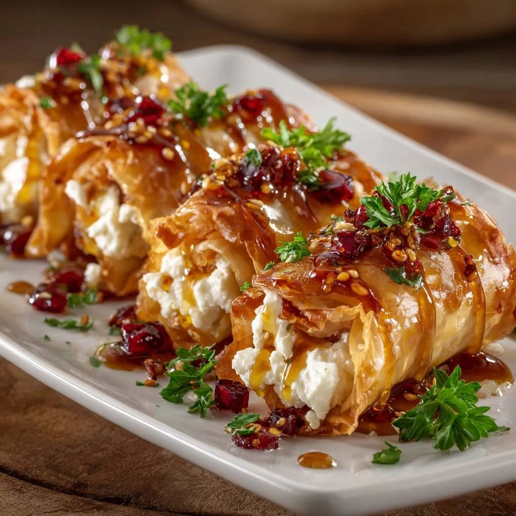 Crispy Feta Phyllo Rolls with Honey & Pomegranate - recipe image