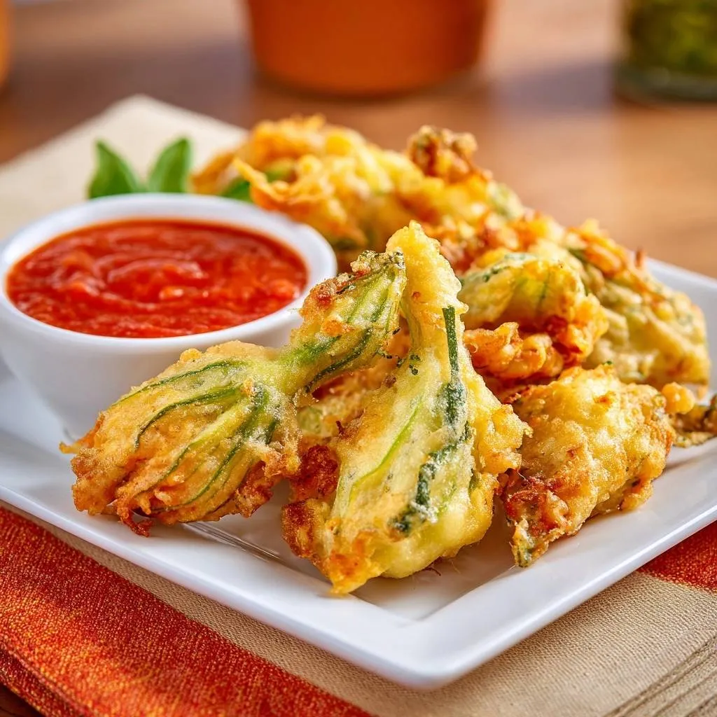 Crispy fried zucchini blossoms served on a white plate with a side of red dipping sauce.