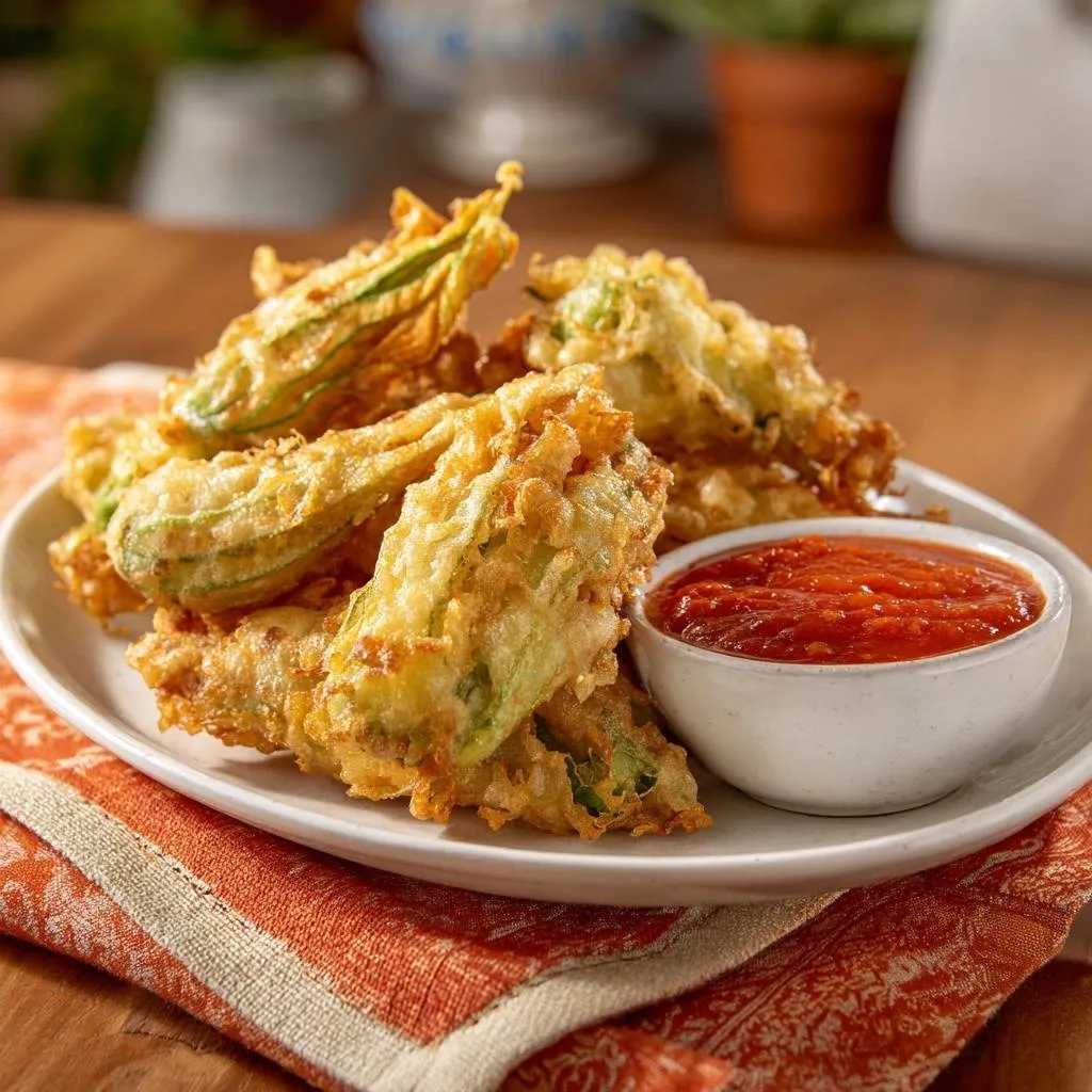 Crispy fried zucchini blossoms plated with a side of red dipping sauce on an orange napkin.