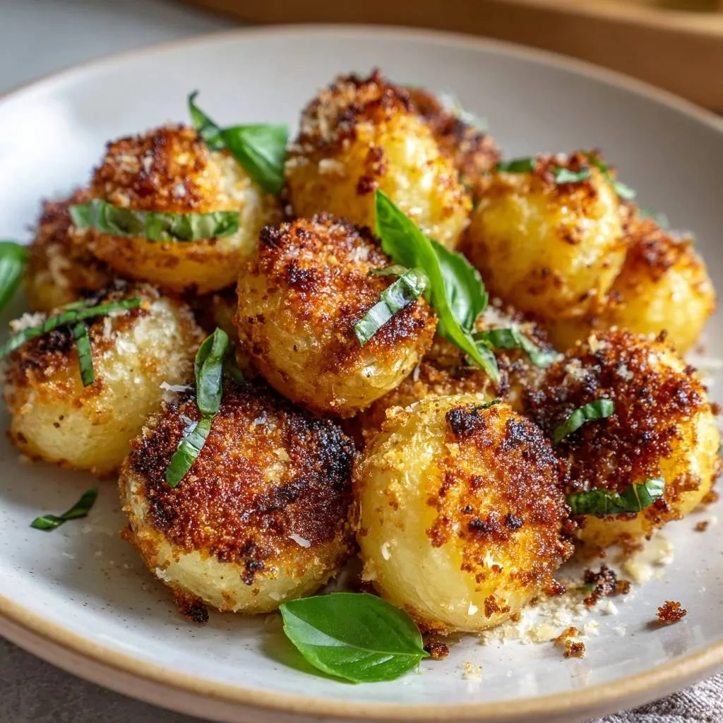 Crispy garlic herb baby potatoes piled high on a plate, showcasing their golden-brown crust and fresh basil garnish.