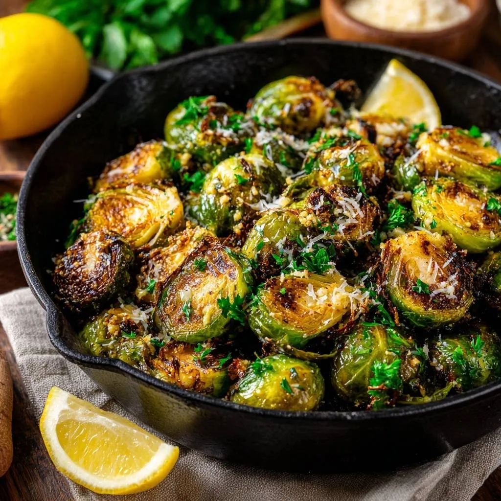 Crispy garlic parmesan brussels sprouts served in a cast iron skillet with lemon wedges and parsley garnish.